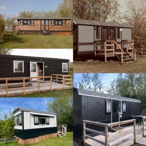 a group of four pictures of a tiny house at De la Rue Pipowagens in Sleeuwijk