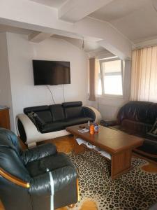 a living room with leather furniture and a table at Vranje City Center, Penthouse Delux Apartment in Vranje