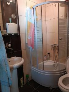 a bathroom with a shower and a toilet and a sink at Vranje City Center, Penthouse Delux Apartment in Vranje