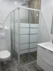 een badkamer met een glazen douche en een toilet bij JolyStudio indépendant CDG/PARC D'EXPO VILLEPINTE/PARIS in Aulnay-sous-Bois