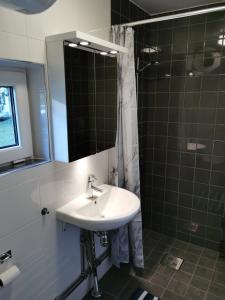 a bathroom with a sink and a shower and a mirror at Līdumnieki in Vērgale