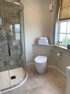 a bathroom with a toilet and a glass shower at The Old Bell in Grimston