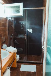 a bathroom with a shower with a toilet and a sink at Guesthouse Lord Byron in Tepelenë