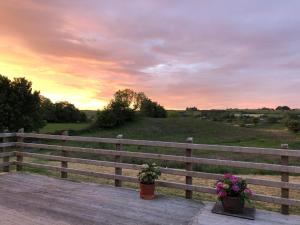 a wooden fence with two potted plants and a sunset at Rural retreat near Knock in Ballyhaunis