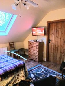 1 dormitorio con 1 cama, TV y ventana en Rural retreat near Knock, en Ballyhaunis