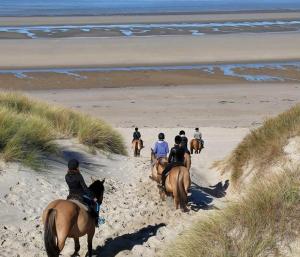 un grupo de personas montando a caballo en la playa en Camping la dune blanche, en Camiers