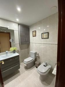 bagno con servizi igienici, lavandino e specchio di Las Golondrinas a Soria