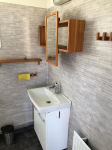uma casa de banho com um lavatório branco e um espelho. em Föllingen stugan em Kisa
