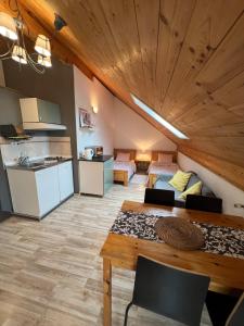 uma cozinha e uma sala de estar com um sofá e uma mesa em Apartments and Rooms Kristina em Drežnik Grad