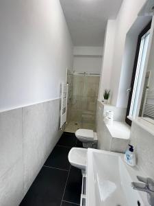 łazienka z 2 toaletami i prysznicem w obiekcie Marvellous Aparthotel with Master Apartments Suceava w Suczawie