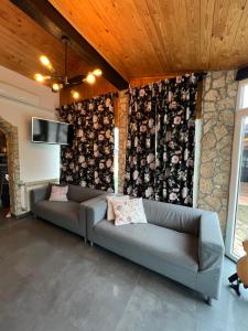 un soggiorno con divano e TV a parete di Apartments and Rooms Kristina a Drežnik Grad