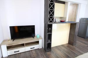 a entertainment center with a flat screen tv in a living room at SokoBlue in Soko Banja
