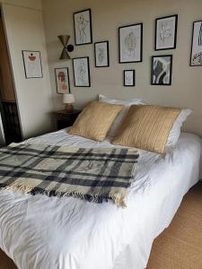 - une chambre avec un lit et une couverture dans l'établissement Chambres d hotes, la maison de Kat, à Lamothe-Capdeville
