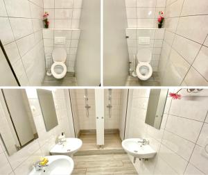 dwa zdjęcia łazienki z dwoma umywalkami i toaletą w obiekcie Center Station ROOMS w Lublanie