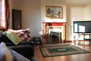 a living room with a fireplace and a tv at Druim Mor in Stornoway