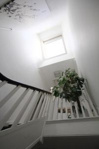 una escalera con una maceta en el medio en 2bed 2bath Victorian maisonette in Barbican en Londres