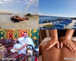 a collage of pictures of a man sitting on the beach at Résidence America in Dakhla