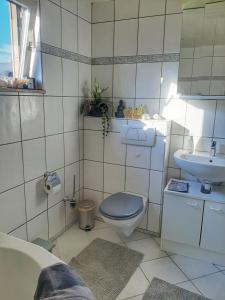 a bathroom with a toilet and a sink at Hillis Ferienwohnung Saarland in Sankt Ingbert