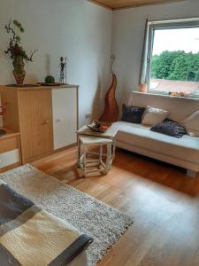 sala de estar con sofá y ventana en Hillis Ferienwohnung Saarland en Sankt Ingbert