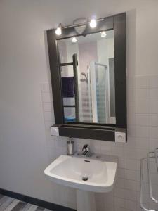 a bathroom with a white sink and a mirror at Maison chaleureuse, gîte pour famille, amis, ouvriers... in Château-Gontier +8 photos