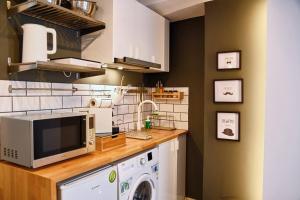 W kuchni znajduje się pralka i kuchenka mikrofalowa. w obiekcie #Tyrtaiou Modern Design Studio w mieście Mitylena