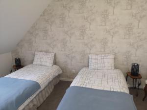 2 aparte bedden in een slaapkamer met een muur bij Au Terminus 6 Personnes in Hautvillers