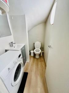 La salle de bains est pourvue d'un lave-linge et de toilettes. dans l'établissement The Cocoon in the center of Senlis, à Senlis