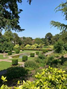 un jardín con arbustos y un estanque en un parque en Lepine- Holiday apartment in sunny Folkestone en Kent