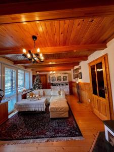 a living room with a couch and a christmas tree at Villa Romana in Pezinok