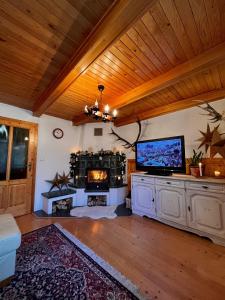 sala de estar con TV y chimenea en Villa Romana, en Pezinok