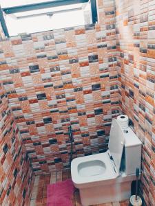 a bathroom with a toilet in a brick wall at Privacy House in Triolet
