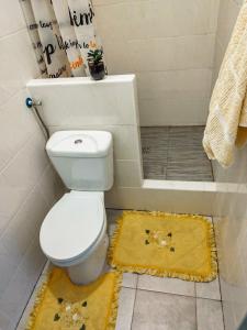 a bathroom with a toilet and a bath tub with a rug at Kolorowa Chata in Ustronie Morskie