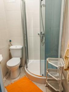 a bathroom with a toilet and a shower at Kolorowa Chata in Ustronie Morskie