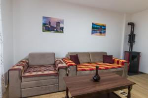 ein Wohnzimmer mit 2 Sofas und einem Tisch in der Unterkunft Apartman OLGA in Perućac