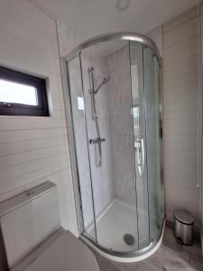 a glass shower in a bathroom with a toilet at Donegal Luxury Pods in Gweedore