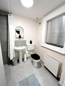 een badkamer met een wastafel, een toilet en een raam bij Tods Lodge - Quiet area in Derry City in Derry Londonderry