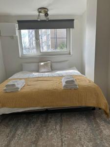 a bedroom with a large bed with a window at Cheerful double room for single use in London