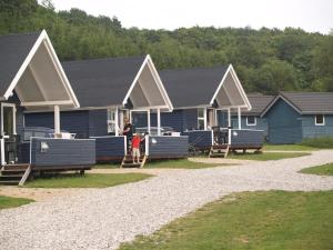 a row of blue homes with people standing in front of them at Riis Feriepark in Give