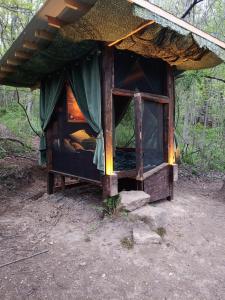 a small bed in a tent in the woods at Lost River Hostel in French Lick