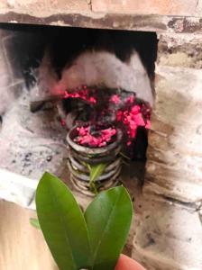 a fire place with a pot of flowers and a plant at La-Marti, Idyllische Unterkunft mit Kamin in Bagdatʼi