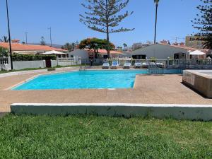 una piscina con sillas en el césped en Lightbooking Santa Barbara Playa del Ingles, en Maspalomas
