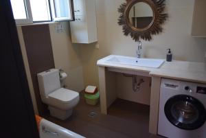 a bathroom with a toilet and a sink and a washing machine at adonia villa in Levkákia