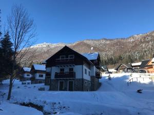 a house in the snow with a mountain in the background at Horský apartmán Vrátna-Saška in Terchová