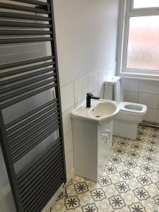 a bathroom with a toilet and a sink at Hattie's Cottage in Lincoln