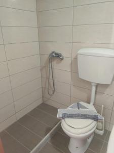 La salle de bains est pourvue d'une douche et de toilettes. dans l'établissement Paradise, à Kefalos
