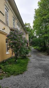 uma casa com uma árvore ao lado de uma estrada em A Lovely apartment near Railway station and Arena. em Tampere
