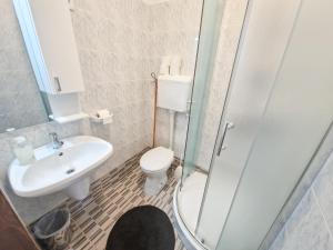 een badkamer met een toilet, een wastafel en een douche bij Weinberger Vendégház in Zamárdi