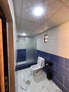 La salle de bains est pourvue de toilettes et de murs en carrelage bleu. dans l'établissement Feras Camp Wadi Rum, à Wadi Rum