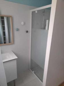 a white bathroom with a shower with a glass door at T2 avec terrasse ensoleillée à 5 min de la plage Pornichet in Pornichet
