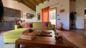 a living room with a green couch and a coffee table at Fadda Holiday House - Managed By Antonio Sanna in Austis
